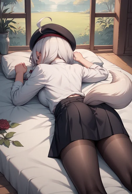 score_9, score_8_up, score_7_up, score_6_up, score_5_up, score_4_up, rating_explicit, BREAK, <lora:fubukiXL-10:0.75> fubukicasual, white shirt, white bow, beret, black skirt, black pantyhose, white hair, single side braid, ahoge, piercing, fox tail, pentagram lying on stomach