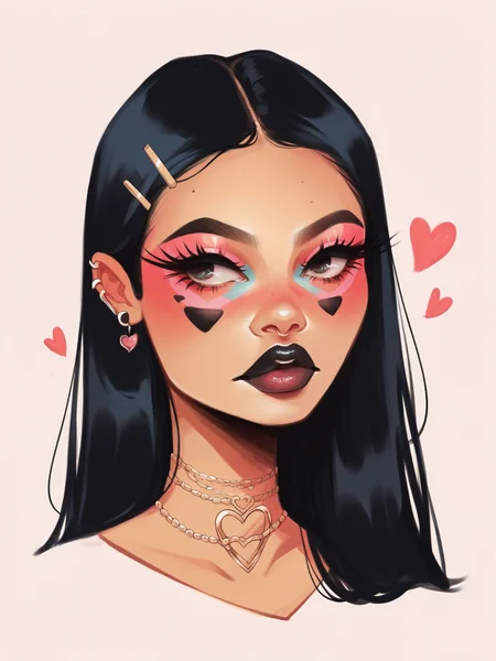 score_9, score_8_up, score_7_up, score_6_up, score_5_up, <lora:nikkileeismeXLP:1> nikkileeisme, 1girl, makeup, facepaint, heart, black hair