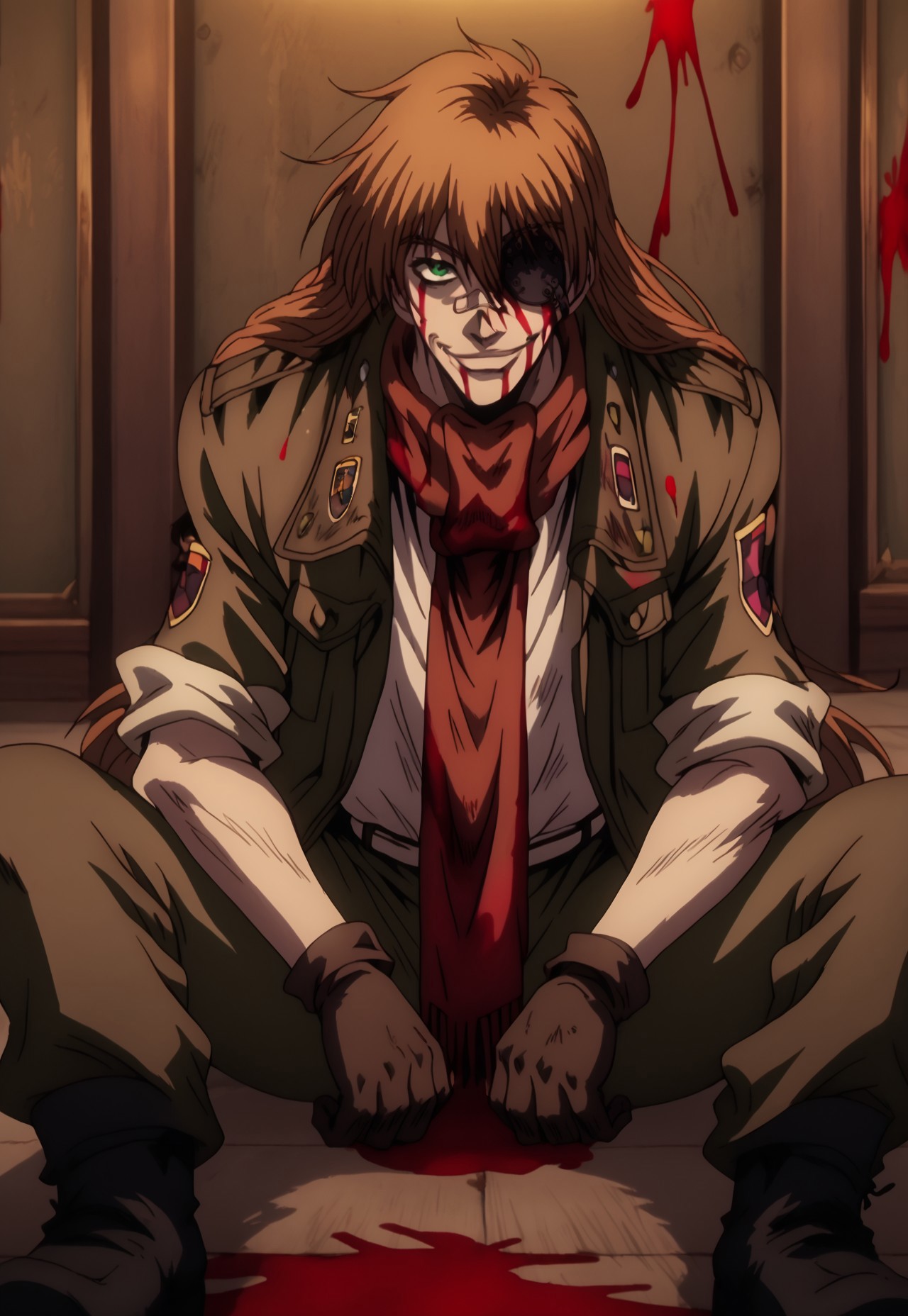 score_9, score_8_up, score_7_up, masterpiece, best quality, amazing quality, very aesthetic, absurdres, PipBernadotte, 1boy, solo, male focus, orange hair, long hair, dark skin, green eyes, black eyepatch, bandaid on nose, green jacket, badge, open jacket, sleeves rolled up, white shirt, red scarf, brown gloves, white belt, green pants, black boots, sitting, on ground, indoors, against wall, dying, blood on face, blood on clothes, smirk, hand on own stomach, dark, night, perspective, blood splatter, too much blood