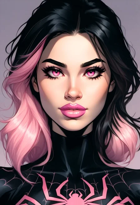 /Spider_Ayane/, pink lipstick, long black hair, pink hair highlights, medium breasts, portrait, black bodysuit with pink spider print, looking at viewer, puty lips, pink eyes