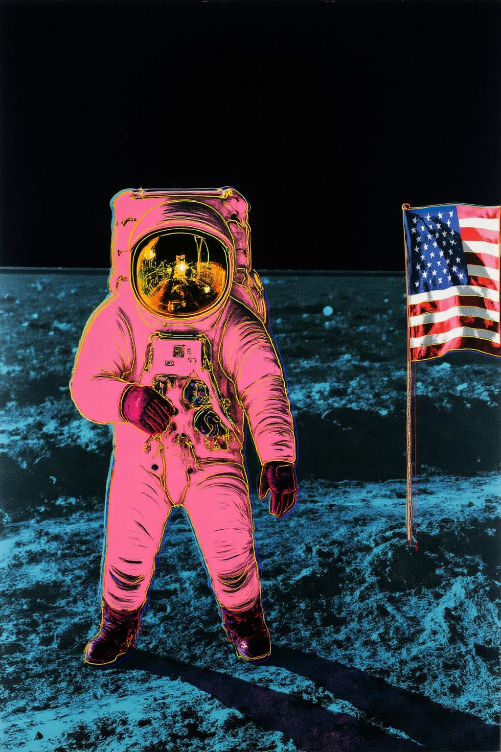 andywarhol1 illustration.
An American astronaut standing on the surface of the moon.
There is an American Flag on the right. <lora:andywarhol1_cap_d6a3:1.0><lora:836296855131319845:0>