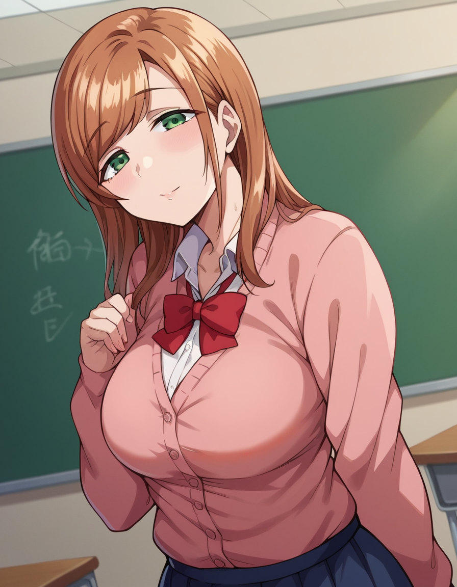 score_9, score_8_up, score_7_up, source_anime,
minakosanada, <lora:minako-sanada-ponyxl-lora-nochekaiser:1>
minako sanada, long hair, brown hair, green eyes, mature female,
long sleeves, bow, school uniform, bowtie, red bow, cardigan, pink cardigan, skirt, blue skirt,
indoors, classroom,
looking at viewer, dutch angle, cowboy shot,
