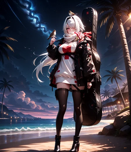 masterpiece, best quality, anime, BREAK 1girl, solo, large breasts, looking at viewer, full body, palm tree,(night:1,6),night sky,dynamic pose,
beach,
<lora:Dramatic Lighting Slider:6> <lora:RealisticAnimeIXL:0.5> bokeh, <lora:Tyber_Colorado_1:1> coltravel,red eyes, grey hair, long hair, hair over one eye, side braid, black hairband,large breasts, , scarf over mouth, white sweater, black jacket, open jacket, multiple black belt, skirt under sweater, thigh belt, thigh pouch, black thighhigh, black high heel boots,guitar case,disposable cup,bird on hand,bird on head,coffee cup,