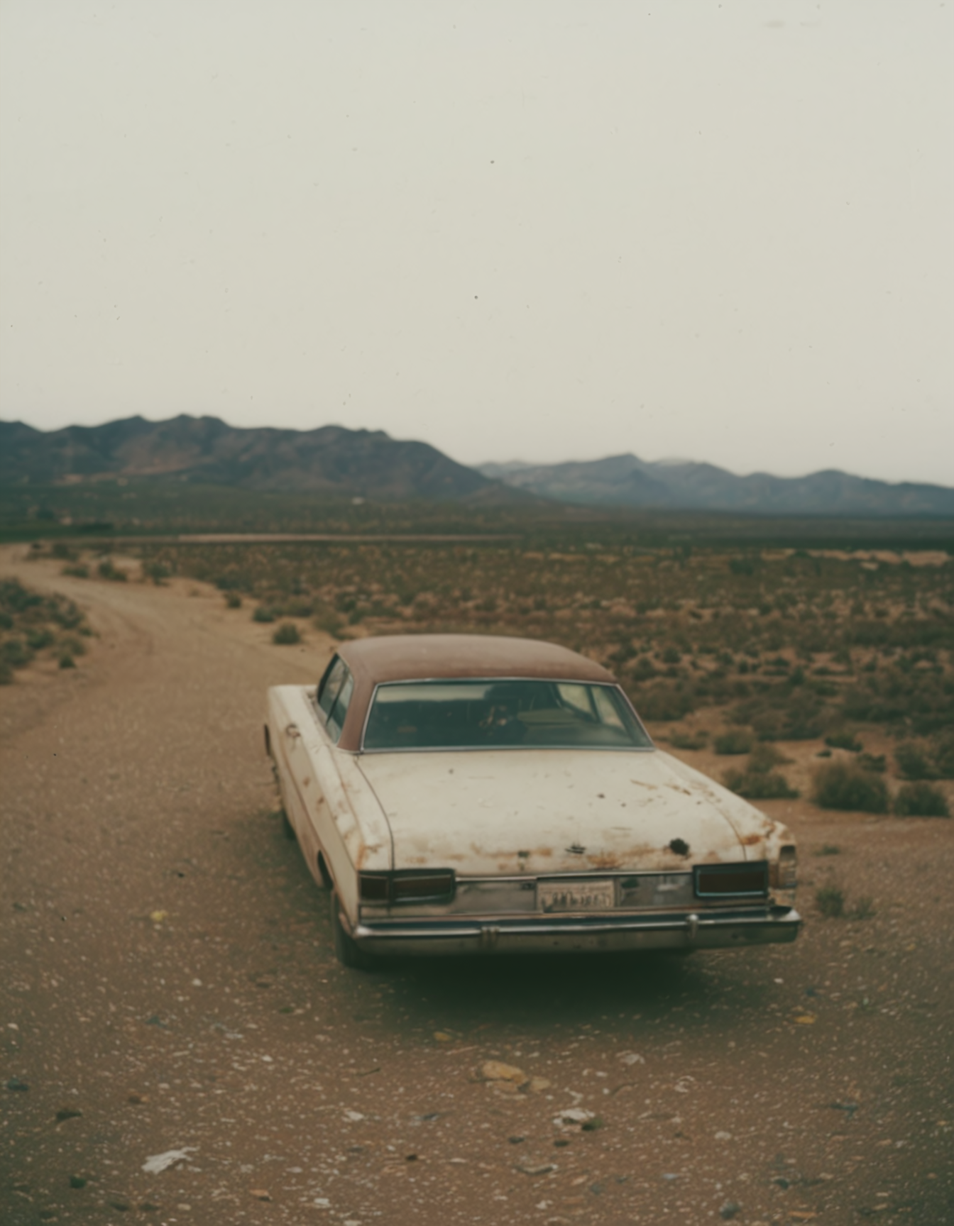 polaroid film photography, faded film, soft focus, film grain, a 1970s car standing on a gravel road, hills, haze, 4k, uhd, masterpiece