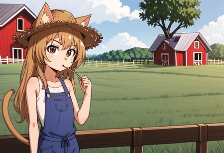Aisaka_Taiga, 1girl, solo, flat chest, brown_eyes, catgirl, female, farm, field, farmer, wooden house, working, work clothes, freckles, straw in mouth, straw hat, cowboy