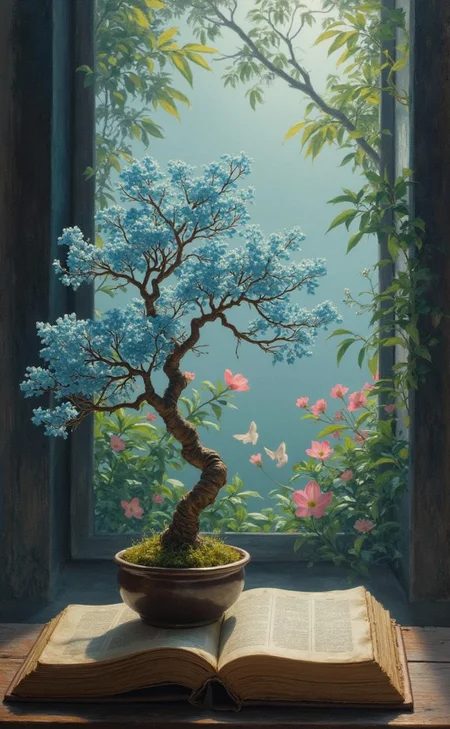 <lora:萌趣彩铅_flux_lora.safetensors:1> Cute colored pencil drawing, mqcq,
In the heart of a dimly lit room, a bonsai tree with ethereal blue foliage stands on an ancient, leather-bound book. The tree's delicate branches and leaves shimmer in the soft, diffused light that filters through the window, casting intricate shadows on the pages. The room is enveloped in a tranquil stillness, the kind that whispers of introspection and deep thought.
Behind the bonsai, the walls blur into a ethereal garden, where pastel-colored flowers and lush greenery seem to sway gently, as if caught in a dream. The garden is a reflection of the inner world of the man seated in a recliner nearby. Li Wei, a 48-year-old Chinese man with a calm demeanor and a thoughtful expression, wears a traditional silk robe that contrasts with the Western-style room. His eyes are fixed on the bonsai, his mind wandering through the pages of the book, each word a thread in the tapestry of his memories and aspirations.
The room itself transforms as Li Wei's thoughts drift. The blue-toned leaves of the bonsai become a symbol of his longing for serenity and balance, a reminder of the resilience he learned during the turmoil of his youth. The open book, with its smooth pages, represents the stories that have shaped his worldview, the narratives that blend Eastern wisdom with Western curiosity.
The muted colors and harmonious composition of the scene reflect Li Wei's inner peace, a hard-won state achieved through years of reflection and creation. The garden, a place of beauty and life, mirrors his hope for a world where the boundaries between cultures and traditions are blurred, where the natural and the learned coexist in perfect harmony.
In this moment, Li Wei is both the observer and the participant, his soul intertwined with the world he has created. The room, the bonsai, the garden—all reflect the profound realization that life is a continuous journey of self-discovery, a blending of past and present, East and West, and the eternal quest for meaning and beauty.
