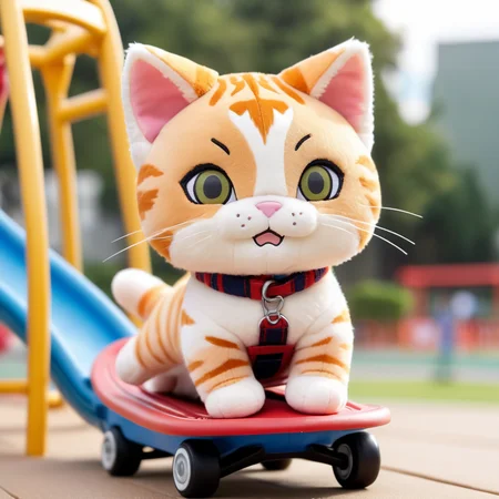a cat on a toboggan,
dynamic, motion blur,
playground background,
 <lora:woafu_plushify_sdxl_v02:0.8> plushify, character stuffed toy, chibi