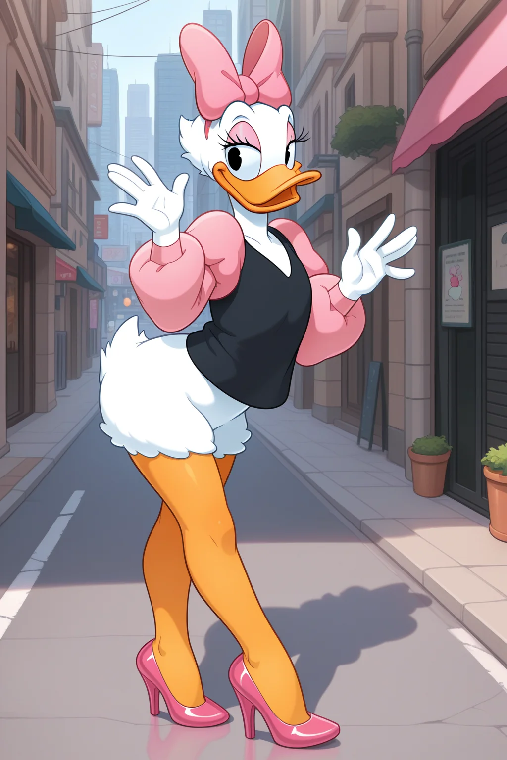 masterpiece, best quality, amazing quality, absurdres, daisyduck, solo, standing, waving, white plumage, white feathers, orange legs, looking at viewer, smile, pink bow, puffy sleeves, short pink sleeves, black shirt, pink stiletto heels, outdoors, city, street