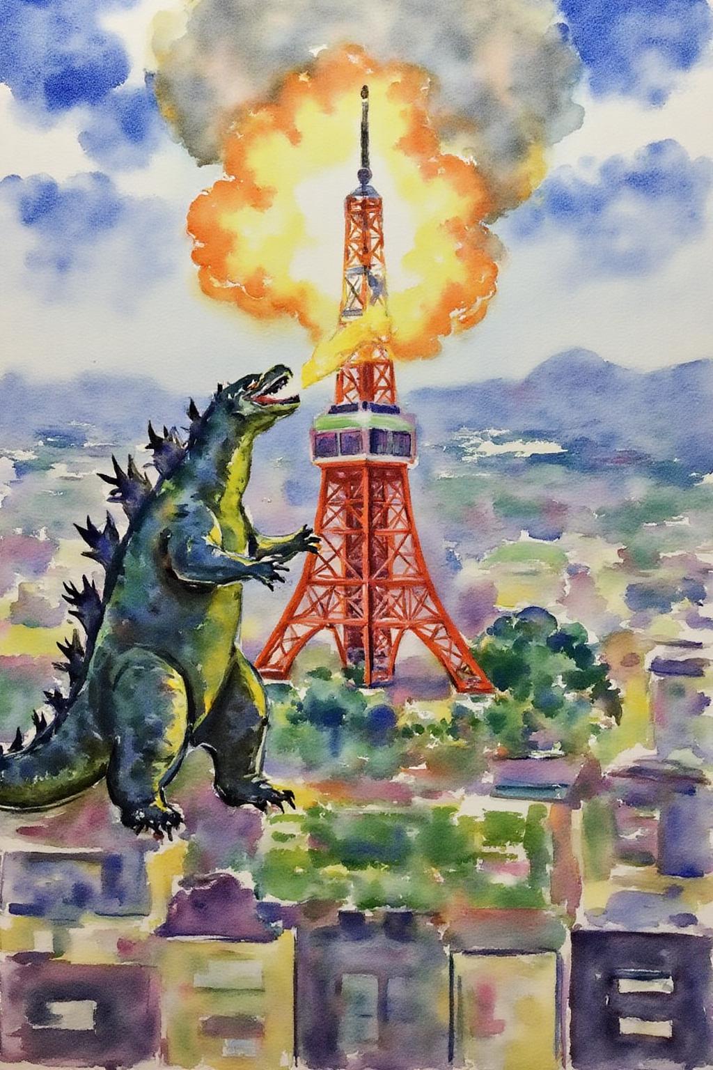 watercolor. 
Godzilla breathing fire on Tokyo Tower     <lora:watercolor1_nbm_cap_d6a3e12:1.0><lora:838835524400755088:0>