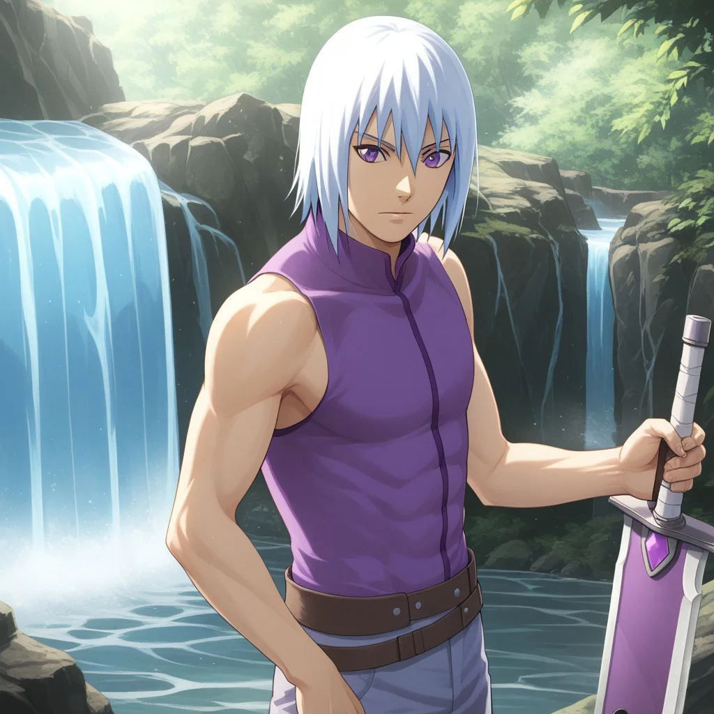 score_9, solo, score_9, solo, 1boy, suigetsu, white hair, sleeveless, purple eyes, sword, standing, waterfall, natural lighting