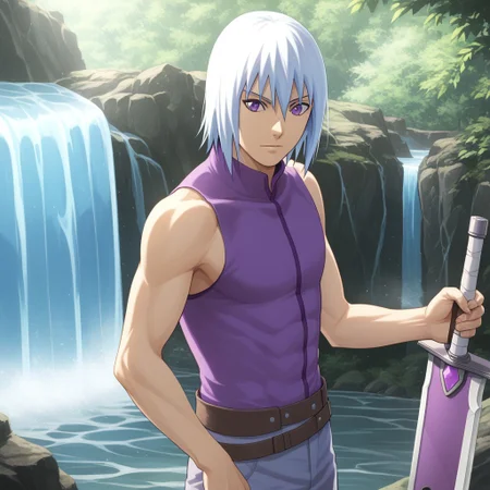 score_9, solo, score_9, solo, 1boy, suigetsu, white hair, sleeveless, purple eyes, sword, standing, waterfall, natural lighting