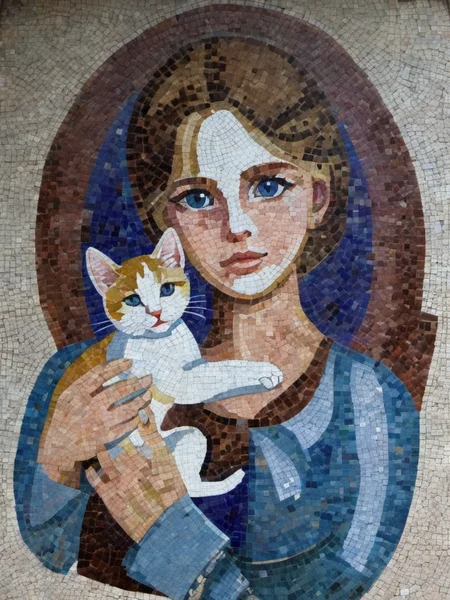 socrealmosaic mosaic portrait of a beautiful girl holding a kitten, very sharp, high quality <lora:hjsocrealmosaic_v10xl:0.8>