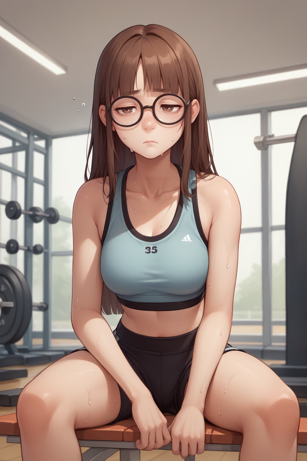 score_9, score_8_up, 1girl, solo,<lora:NSAlicePortia:1> NSAlicePortia, brown hair, long hair, brown eyes, blunt bangs, glasses, sweaty, sports bra, sports shorts, tired, despair, gym, gym bell