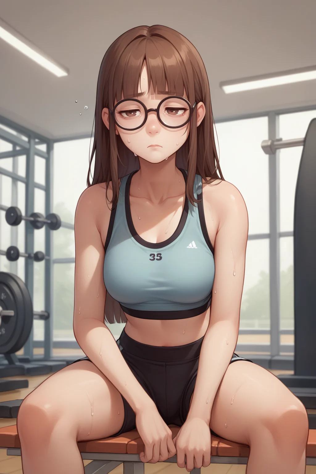 score_9, score_8_up, 1girl, solo,<lora:NSAlicePortia:1> NSAlicePortia, brown hair, long hair, brown eyes, blunt bangs, glasses, sweaty, sports bra, sports shorts, tired, despair, gym, gym bell