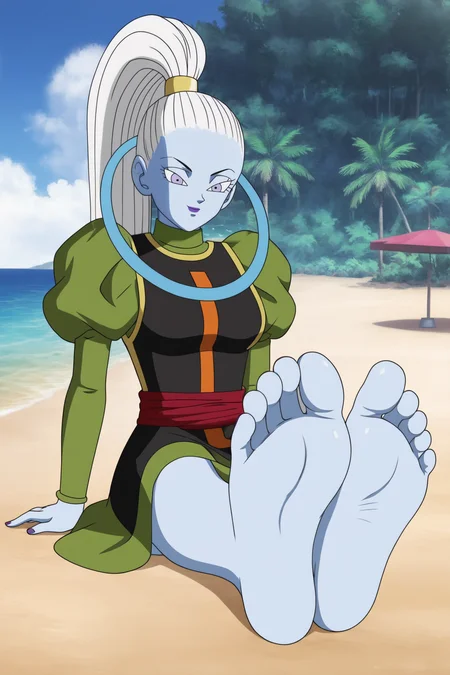 source_anime, score_9, score_8_up, score_7_up, anime screencap,8k, absurd res,
vados \(dragon ball\), hair pulled back, high ponytail, 1girl, solo, breasts, looking at viewer, smile, beach, sand, sitting, purple eyes, white hair, barefoot, feet, toes, colored skin, soles, blue skin, foot focus, very long hair, underskirt, undershirt, sleeveless dress, turtleneck, puffy sleeves, print dress, hands on floor, red sash, neck ring, long sleeves, green topwear, green skirt, eyelashes, black dress, arms at sides, blue sky, dappled sunlight, cloud,
<lora:vados_pony_v1:0.8>