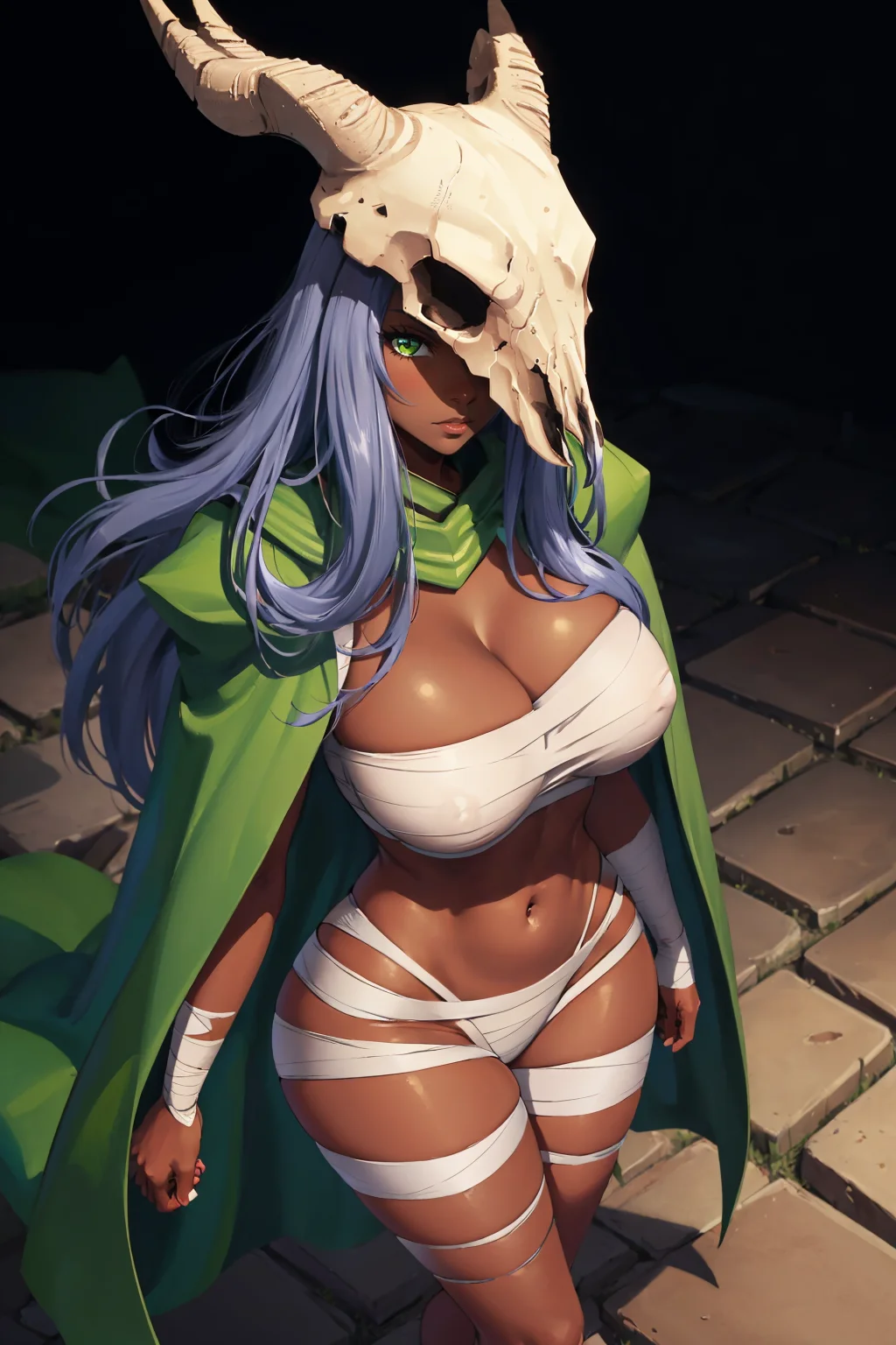 masterpiece, best quality, <lora:thesilent-nvwls-v1-000010:1> thesilent, dark skin, skull, covered face, green cloak, bandages, midriff, bandaged legs, upper body, huge breasts, thick thighs, looking at viewer, chiaroscuro, stone walls, dungeon, serious, from above