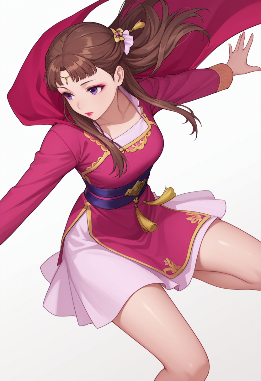 Smooth Quality,masterpiece,very intricate, high quality details, ultra realistic, high detailed skin,detailed enviorement,absurdres,
partially undressed, 
 <lora:Lishu_CNR:0.8> lishu_cnr,brown hair, long hair, purple eyes, makeup, lipstick,, simple background, white background, dutch angle,
jumping pose, arms spread wide, legs bent mid-air, joyful expression, dynamic energy,  ,sulking,, cape, ,qipao top,  ,godet skirt,  ,