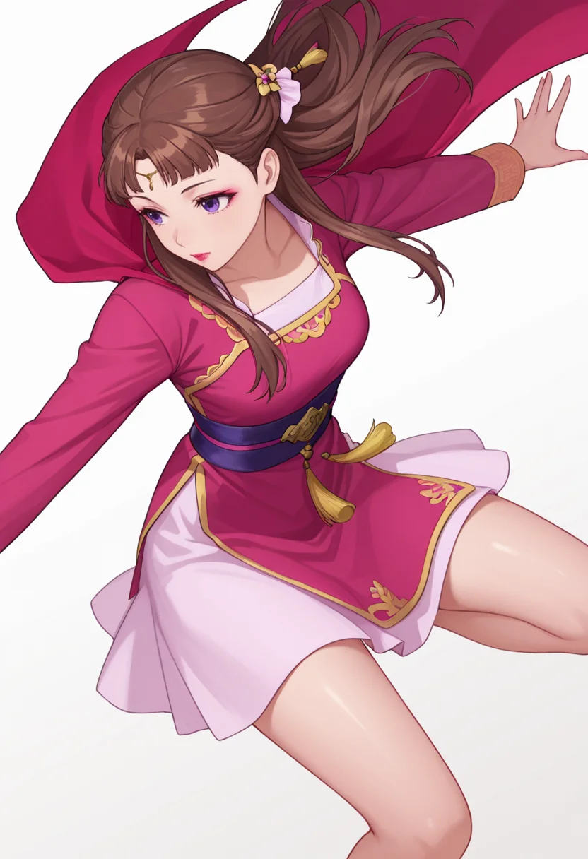 Smooth Quality,masterpiece,very intricate, high quality details, ultra realistic, high detailed skin,detailed enviorement,absurdres,
partially undressed, 
 <lora:Lishu_CNR:0.8> lishu_cnr,brown hair, long hair, purple eyes, makeup, lipstick,, simple background, white background, dutch angle,
jumping pose, arms spread wide, legs bent mid-air, joyful expression, dynamic energy,  ,sulking,, cape, ,qipao top,  ,godet skirt,  ,