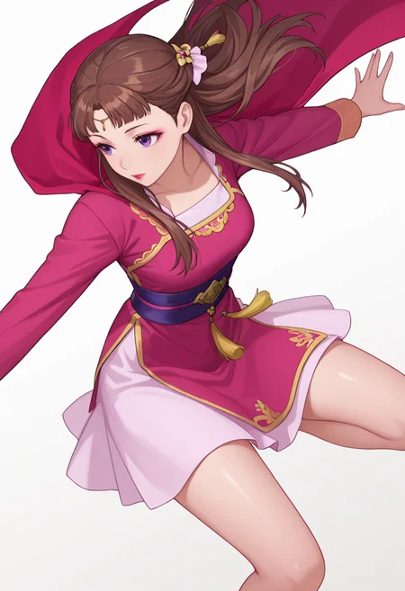 Smooth Quality,masterpiece,very intricate, high quality details, ultra realistic, high detailed skin,detailed enviorement,absurdres,
partially undressed,
<lora:Lishu_CNR:0.8> lishu_cnr,brown hair, long hair, purple eyes, makeup, lipstick,, simple background, white background, dutch angle,
jumping pose, arms spread wide, legs bent mid-air, joyful expression, dynamic energy, ,sulking,, cape, ,qipao top, ,godet skirt, ,