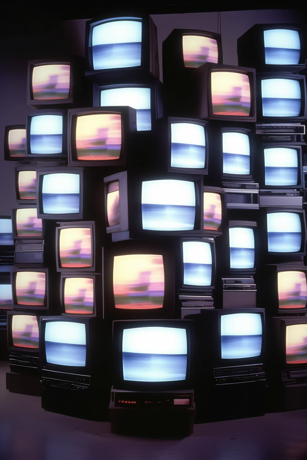 <lora:Video installation:1>Video installation - A photo image of an art installation of stacked sony trinitron crt television sets. Blur the background and isolate the television sets. The image should be at night and the television set are glowing with images flashing to add an eerie and peaceful vibe to the image. Use dreamlike lighting. The image should be shot in high resolution and in a 16:9 aspect ratio.