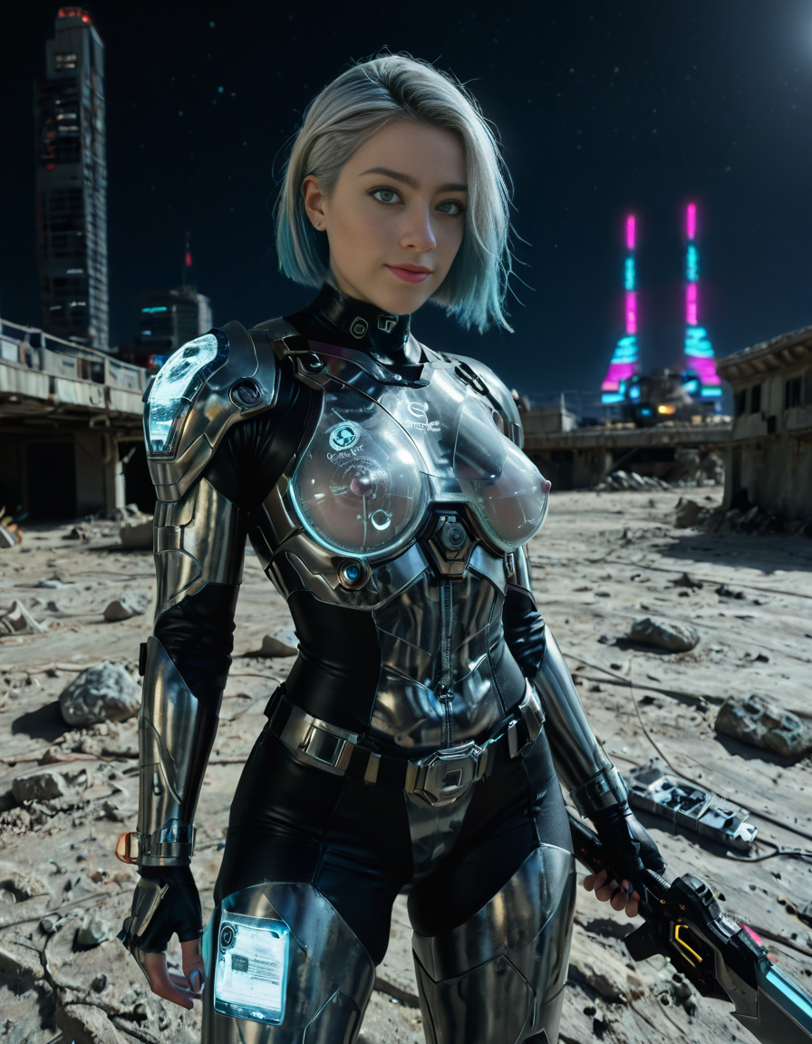 <lora:extremely_detailed:0.4> extremely detailed, <lora:moon_surf4c3_v2:1>
A woman,white hair, standing on the surface of the Moon,moon surf4c3, dressed as a cyberpunk warrior. The woman has short silver hair with subtle neon blue highlights, slightly floating as if in low gravity. She is wearing a sleek, futuristic cyberpunk armor suit made of glossy black metallic plates and synthetic fabric, illuminated by glowing neon blue and purple accents. Her armor includes visible circuits, cables, and a partial exoskeleton on her arms and legs. She wears reinforced boots with miniature thrusters.
Her expression is determined, with a faint hint of battle scars on her face and subtle cybernetic makeup that reflects light. She holds a futuristic energy sword in one hand, the blade glowing with a translucent electric blue aura. On her left wrist, a holographic interface is projected, showing futuristic graphs and symbols.
The surface of the Moon around her is rugged and gray, covered with craters and scattered rocks. In the background, the Earth appears large and vibrant in the sky, showcasing its blue oceans and green continents. The blackness of space surrounds the scene, filled with sparkling stars. Some abandoned robotic structures or antennas are visible in the distance, adding a sense of mystery.
The lighting is a mix of cold silver moonlight and glowing reflections from her armor and weapon, creating a futuristic sci-fi atmosphere. The image is highly detailed and photorealistic, inspired by modern science fiction artwork. The dominant colors are silvery grays, neon blues, purples, and black metallic tones.<lora:SDXLFaeTastic2400:0.4>, Masterpiece,best quality,hi res,8k,hi res,8k,award winning,(sharp focus, intricate, highly detailed),