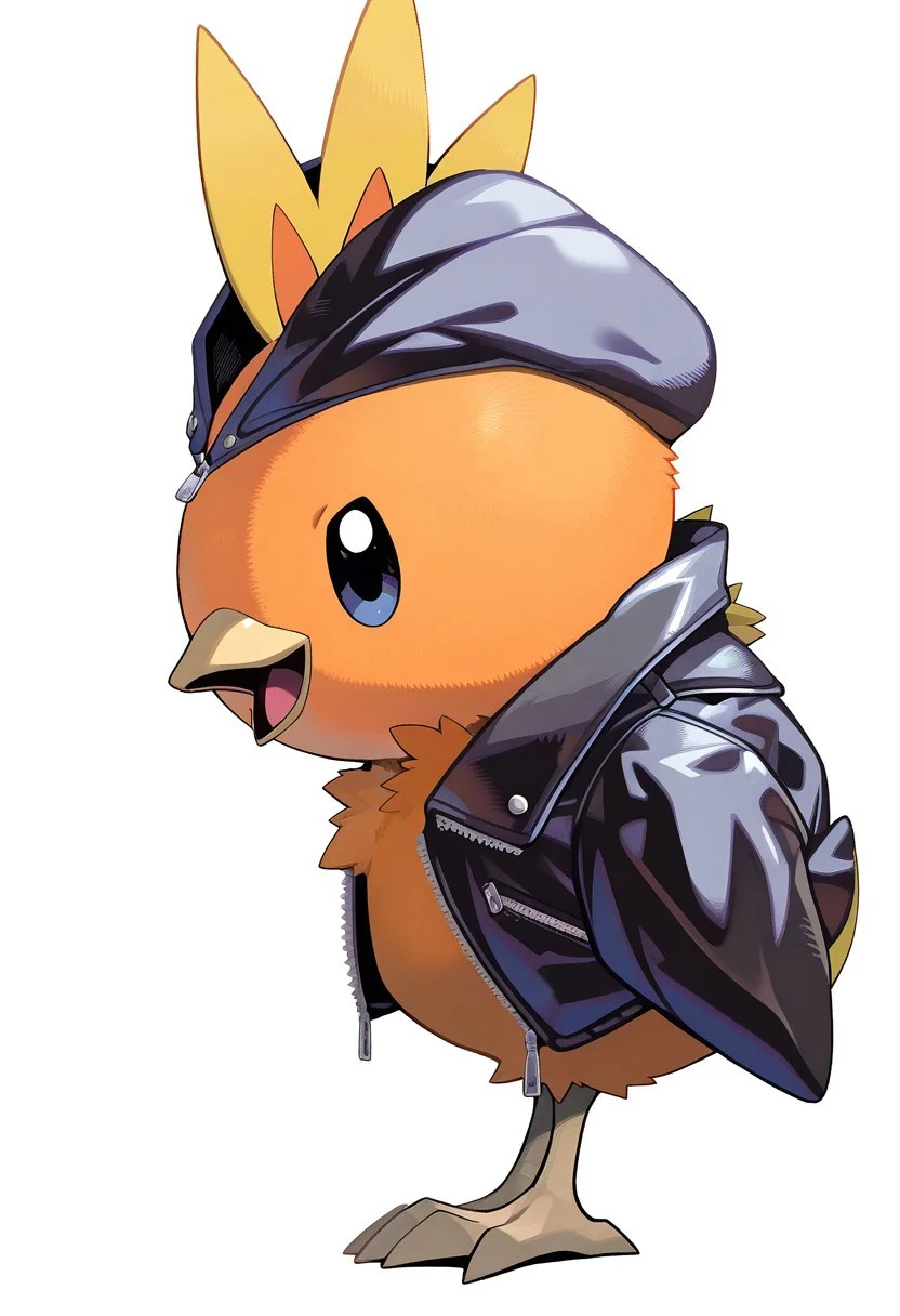 masterpiece, best quality, very aesthetic, high resolution, ultra-detailed, absurdres, newest, extremely detailed eyes, pokemaster_st, torchic_pokemon, pokemon (creature), no humans, white background, simple background, black jacket, full body, from side, leather jacket, animal focus, hood, clothed pokemon, open mouth, bird, torchic, black eyes, open jacket