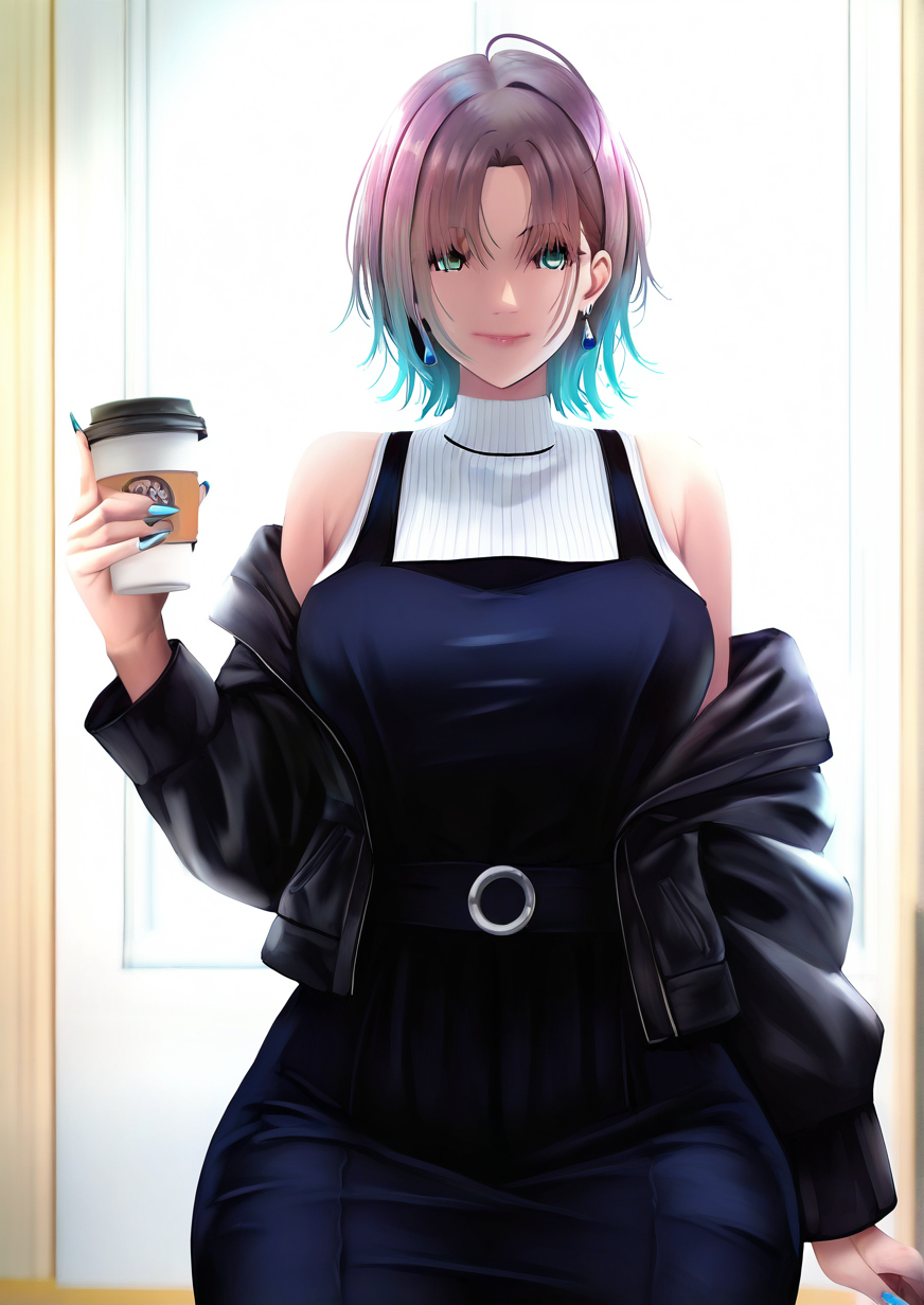 <lora:moonbo:1>,1girl, asakura toru, detailed background, huge breasts, wide hips, aqua eyes, bare shoulders, black dress, black jacket, blue nails, brown hair, closed mouth, coffee cup, cup, disposable cup, dress, earrings, fingernails, holding, holding cup, jacket, jewelry, long fingernails, long sleeves, looking at viewer, nail polish, off shoulder, open clothes, open jacket, pinafore dress, shirt, short hair, sleeveless, sleeveless dress, smile, solo, striped, striped shirt, upper body, vertical-striped shirt, vertical stripes, white shirt, 
very awa, masterpiece, best quality, highres, absurdes,amazing quality,year 2024,newest