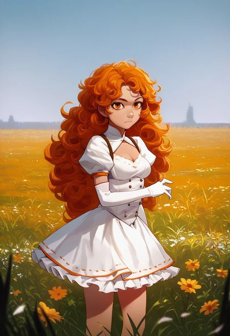 JDStyle,
, score_9, score_8_up, score_7_up, 1girl, solo, long hair, curly hair, wavy hair, orange hair, orange eyes, looking at viewer, breasts, dress, white dress, puffy sleeves, puffy short sleeves, short sleeves, gloves, elbow gloves, white gloves, cowboy shot, closed mouth, standing, outdoors, field, flower, grass, plant, sky