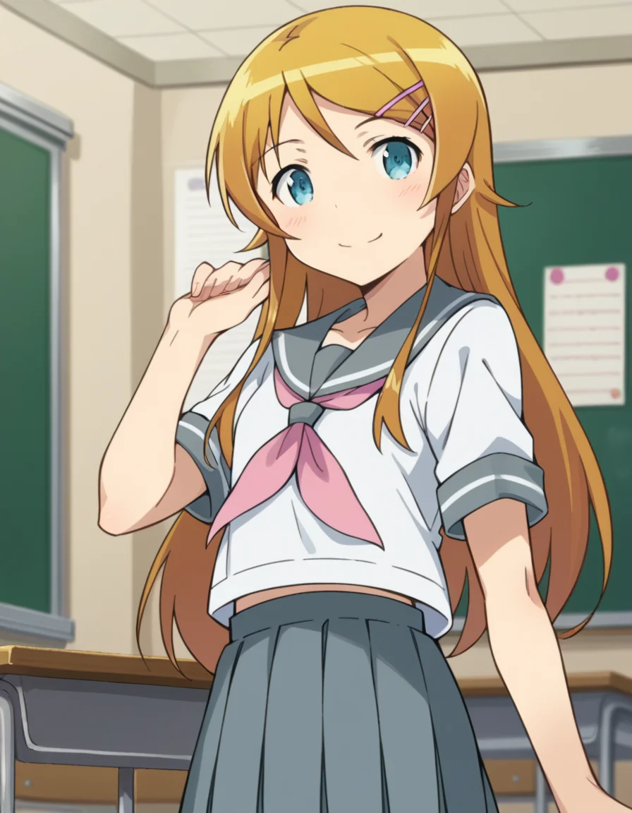 score_9, score_8_up, score_7_up, source_anime,
kirinokousaka, <lora:kirino-kousaka-s2-ponyxl-lora-nochekaiser:1>,
kirino kousaka, long hair, blue eyes, hair ornament, hairclip, orange hair, aqua eyes,
skirt, school uniform, serafuku, shirt, white shirt, grey sailor collar, grey skirt, pleated skirt, neckerchief, pink neckerchief,
indoors, classroom, smile,
looking at viewer, cowboy shot, solo, dutch angle,