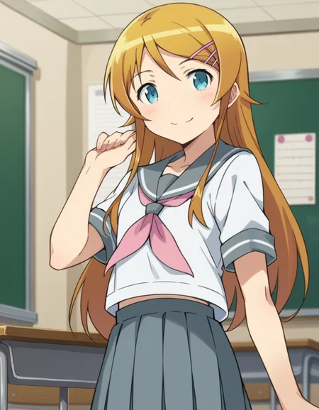 score_9, score_8_up, score_7_up, source_anime,
kirinokousaka, <lora:kirino-kousaka-s2-ponyxl-lora-nochekaiser:1>,
kirino kousaka, long hair, blue eyes, hair ornament, hairclip, orange hair, aqua eyes,
skirt, school uniform, serafuku, shirt, white shirt, grey sailor collar, grey skirt, pleated skirt, neckerchief, pink neckerchief,
indoors, classroom, smile,
looking at viewer, cowboy shot, solo, dutch angle,