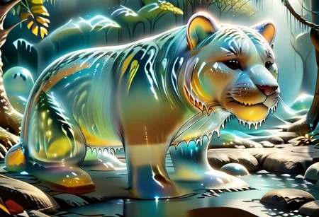 animal_guardian, tiger, a white tiger with black stripes, Tiger made out of slime, slime tiger in a jungle, jungle made out of slime, 
natural light, no bright spots, 
((translucent slime)), ((transparent slime)), made of water, (bioluminescent slime), sl1m3, slime, slime-morph, ais-blmn, saturated colors, no creatures, no humans, no monsters, no pokemon, watce, je11y, gummymorph