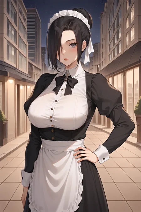 score_9, score_8_up, score_7_up, source_anime, 1girl, prefect lighting, very aesthetic, intricate details, highly detailed background, masterpiece, high quality, prefect hands, best quality, solo,
<lora:Martha_Throtem_V2:.85>, KJOmartha, black hair, grey eyes, parted bangs,
hair bun, hair bow, hair over one eye,
maid outfit, maid apron,
looking at viewer, hand on own hip, expressionless, blush,
City, night, skyscraper, night life, street lights, outdoors,
(Beautiful, large Breasts:1.2), natural breasts,