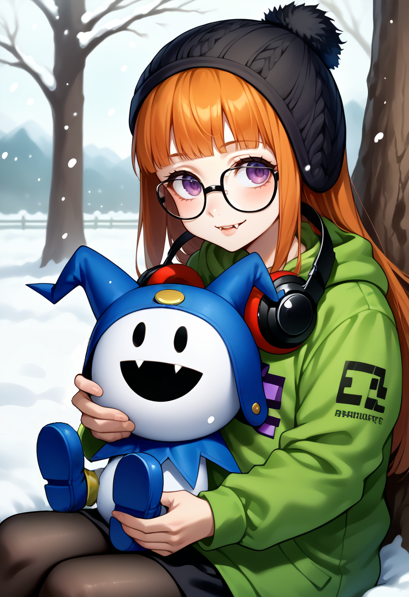 score_9, score_8_up, score_7_up, source_anime, snow, snowing, sitting under tree
BREAK 1girl, <lora:zs_FutabaXL:1>,futabawinter, orange hair, long hair, blunt bangs, purple eyes, glasses, headphones around neck, black beanie, green hoodie, black skirt, black pantyhose looking at viewer, smile, holding mini person, 
BREAK no humans,  <lora:Jack-Frost-pdxl_Fp:1>, jackfrostsmt, creature, white skin, solid oval eyes, :d, fangs, jester cap, happy, hug, blue footwear, waving,