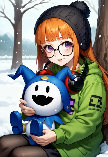 score_9, score_8_up, score_7_up, source_anime, snow, snowing, sitting under tree
BREAK 1girl, <lora:zs_FutabaXL:1>,futabawinter, orange hair, long hair, blunt bangs, purple eyes, glasses, headphones around neck, black beanie, green hoodie, black skirt, black pantyhose looking at viewer, smile, holding mini person,
BREAK no humans, <lora:Jack-Frost-pdxl_Fp:1>, jackfrostsmt, creature, white skin, solid oval eyes, :d, fangs, jester cap, happy, hug, blue footwear, waving,