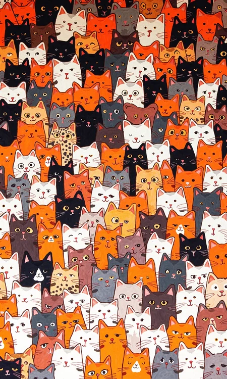A vibrant and densely packed image of numerous cartoon cats.
The cats are diverse in color, ranging from solid black, shades of orange, white, gray, and blue, to combinations thereof. Many cats have intricate patterns.
The cats are uniformly sized and positioned in a tightly clustered arrangement, filling the entire frame. Notably, each cat's face and expression is distinct; their gazes and slight facial details contribute to a humorous and engaging overall feeling.
The background is not distinguishable; it simply appears as the continuous, clustered arrangement of the cats' bodies. The focus is entirely on the multitude of cats., <lora:FLUX-daubrez-DB4RZ-v2:0.8> DB4RZ, DB4RZ style painting
