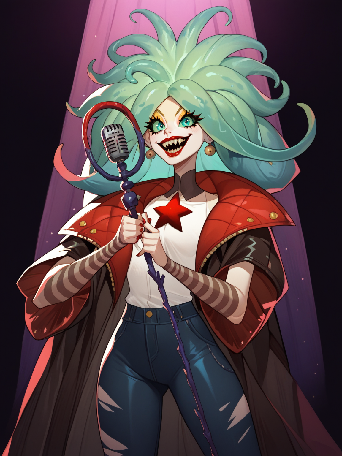 score_9, score_8_up, score_7_up, score_6_up,   <lora:scyllaPony:1>, ,
scylla, tentacle hair, sharp teeth, , green blue eyes, colored sclera, microphone, microphone stand, metal concert, microphone, latex pants, red leather jacket, torn white shirt, singing, spotlight, colored lights <lora:afkArenaStylePony:0.7> afkArenaStyle