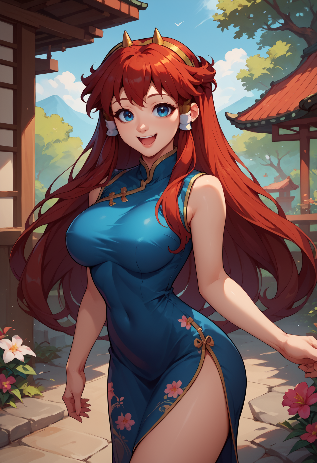 score_9, score_8_up, score_7_up, 1girl, solo, ditlieb, blue eyes, long hair, sidelocks, hair tubes, red hair, large breasts, horns, hairband, <lora:DitaLiebelyPDXL_V1-Manityro-CAME:0.7>,
blue chinese dress, flower print,
looking at viewer, smile, happy, open mouth
outdoors,