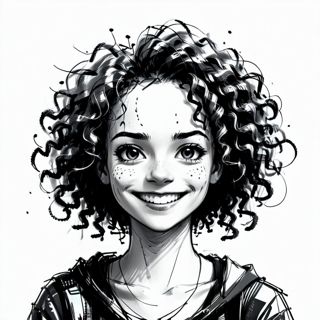 monochrome scribble, croquis, xslx, female face with curly hair and freckles smiling to the viewer
