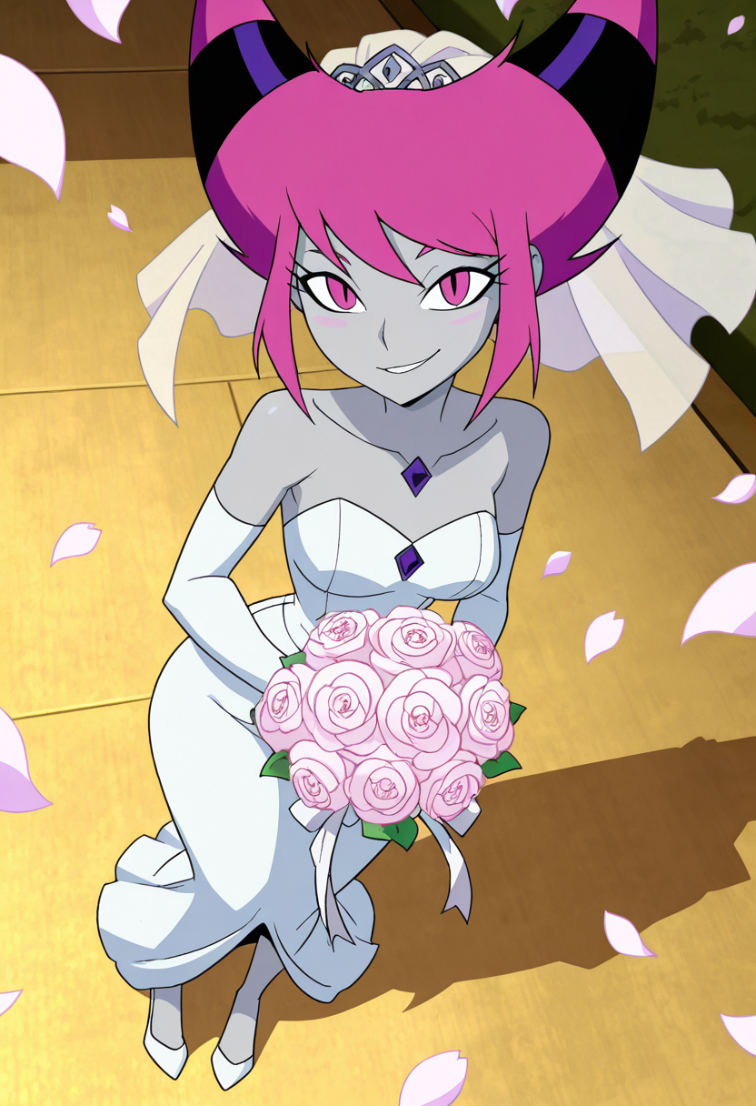 masterpiece, best quality, solo, curvy, beautiful eyes,  narrow waist, wide hips,  jnx, pink eyes, pink hair, grey skin, hair up, pale skin, medium hair, hair horns, short hair, colored skin, smile, looking at viewer,   ,       <lora:JinxTT_IXL:0.8>,   dynamic angle, foreshortening, close up, [Elegant Bridal Moment], Strapless wedding dress, elbow-length gloves, flowing bridal veil, white heels, delicate bouquet, Standing in a sunlit garden aisle, surrounded by soft flower petals and dappled light filtering through trees, radiating grace before the ceremony.