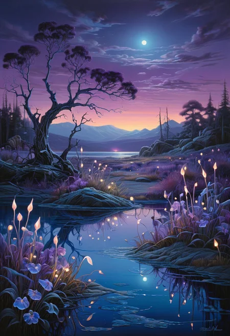By Tomek Setowski, by Brian miller, ethereal glow. Generate an enchanting and surreal depiction of a world locked in perpetual twilight. Picture a captivating landscape where the boundaries between day and night blur into an everlasting twilight. The sky should be a mesmerizing blend of deep blues and soft purples, with a faint, ethereal glow on the horizon. Show a mystical terrain, featuring delicate, bioluminescent flora and fauna that illuminate the landscape with gentle, otherworldly radiance. Let the scene emanate a sense of tranquility, mystery, and a touch of magic. Focus on intricate details and realism to create an image that transports viewers to this captivating twilight