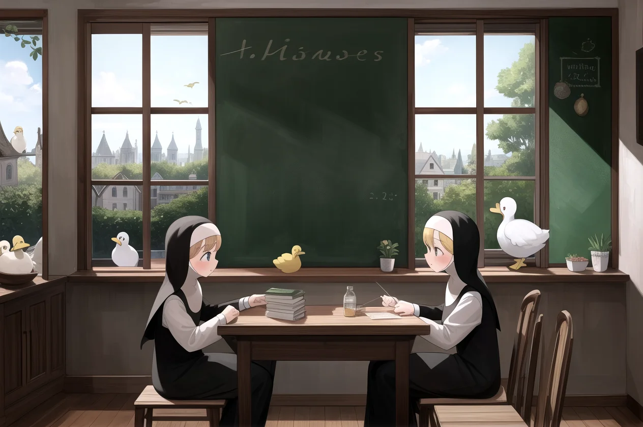 littlenuns, multiple girls, scenery, table, chalkboard, ducks, window, indoors, nun, detailed, <lora:littlenuns-000020:0.5>, masterpiece, best quality