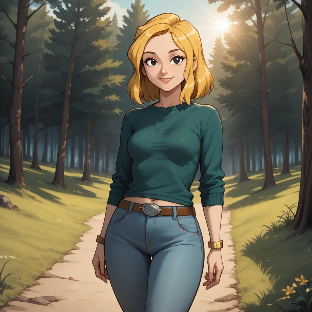 score_9, score_8, BREAK, solo, dark green sweater, cyan undershirt, light blue jeans, belt, bracelet, blonde hair, black eyes, lips, breasts, black and white shoes, total drama, Carrie_(Total_Drama), tdtrr, cute, sexy pose, self portrait, smile, outdoors, sunlight, shadows, evening lighting, natural lighting, forest, trees, grass, orange sky, sunset