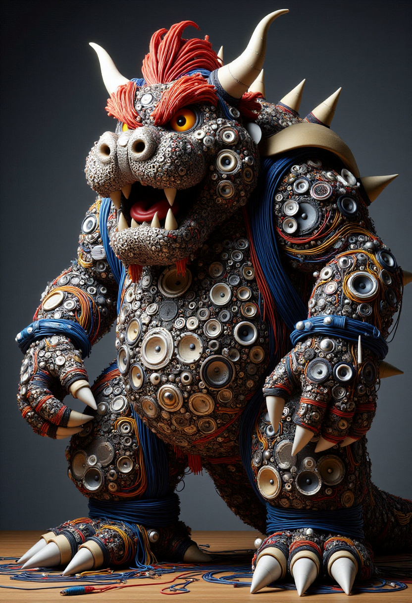 <lora:Audio_Artisan_FLUX:0.9>
Realistic photo of Bowser made entirely of various electronic components and audio equipment.