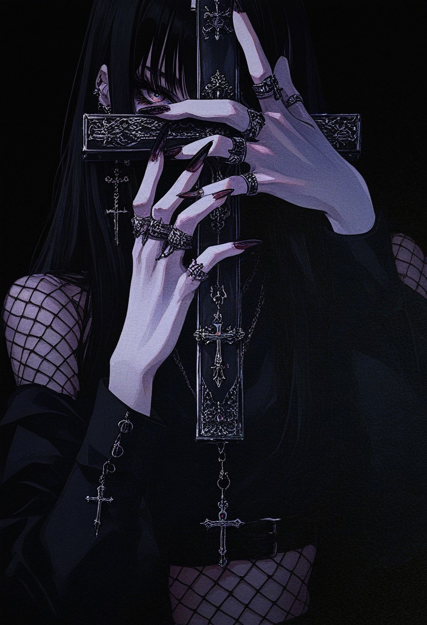 DRKWB, solo, jewelry, fishnets, ring, cross, holding, earrings, weapon, black hair, black background, fingernails, gun, 1girl, looking at viewer, holding weapon, long sleeves, upper body, long fingernails, multiple rings, long hair, holding gun, bangs