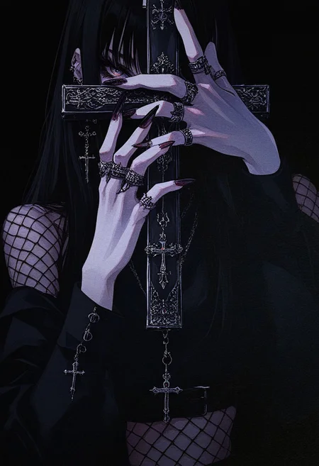 DRKWB, solo, jewelry, fishnets, ring, cross, holding, earrings, weapon, black hair, black background, fingernails, gun, 1girl, looking at viewer, holding weapon, long sleeves, upper body, long fingernails, multiple rings, long hair, holding gun, bangs