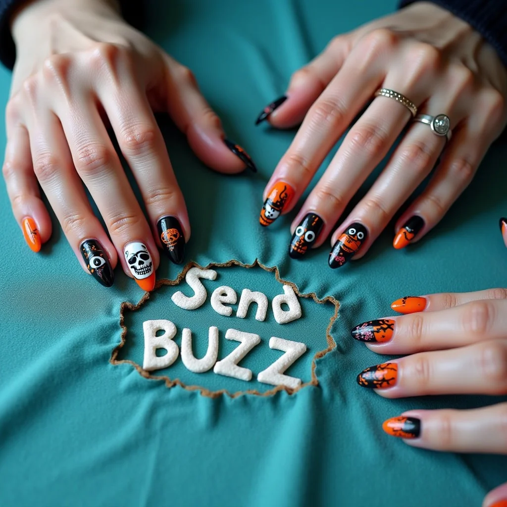 Closeup photography of Three ghoulish hands with pale skin grouping from the sides above a cyan tablecloth, black and orange medium length almond nails, the nails showcase masterful nail art displaying Halloween themes, a witch, a skeleton, a zombie, a headless man, a pirate. In the middles of the image the table cloth is torn forming letters. The letters spell the text: "Send BUZZ"