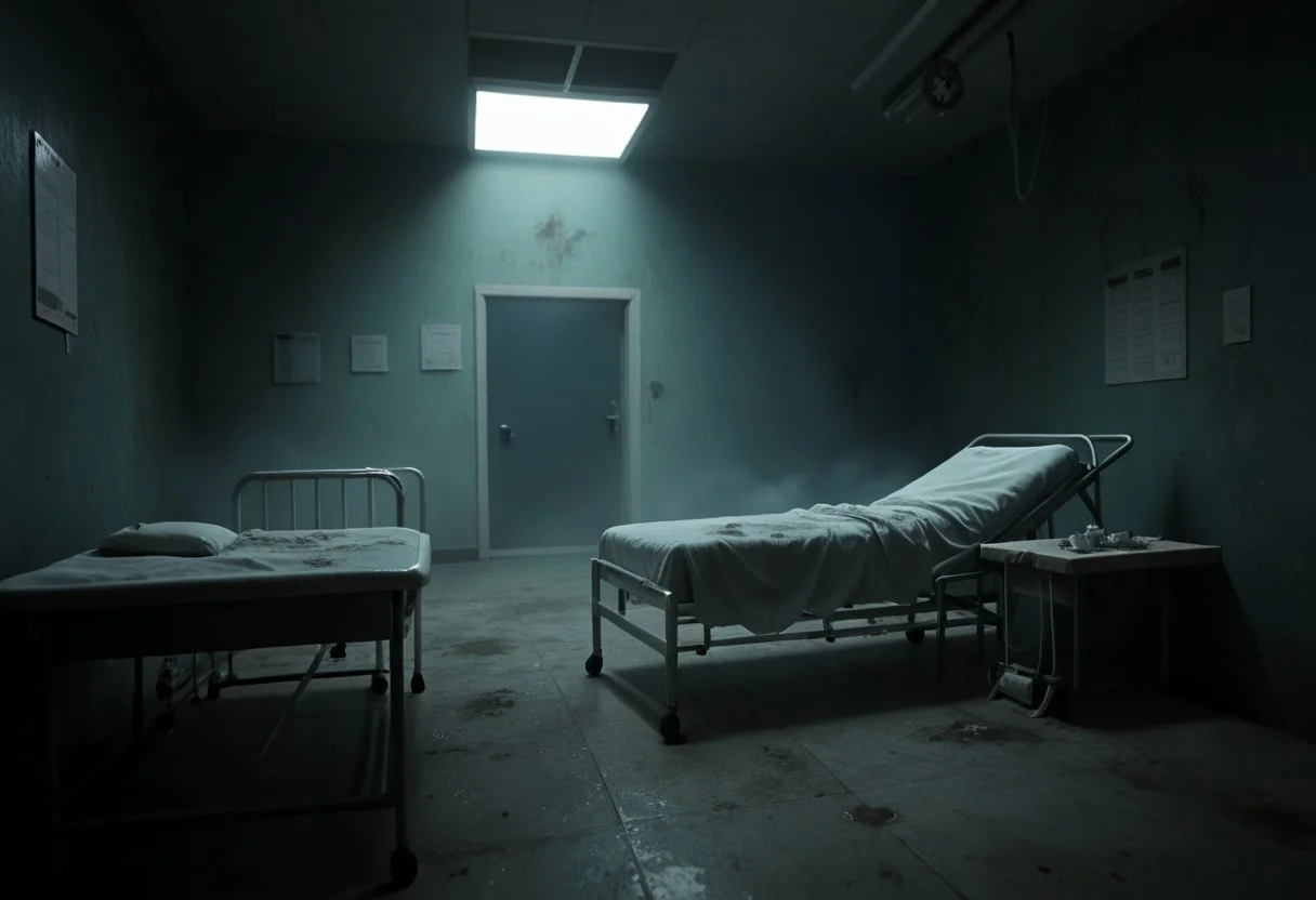 masterpiece, best quality, highres, realistic, best quality, score_9, score_8_up, score_7_up, (hospital), center of an old abandoned hospital, old table and chairs. spooky fog everywhere. fog, Broken wheelchair. Dark silhouettes, medical beds.