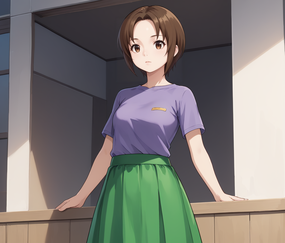 score_9, score_8, score_7, cowboy shot, solo, standing, 1girl, <lora:Haruka_Hikari_PXL:1>, haruka_hikari, purple shirt,short sleeves, green skirt
