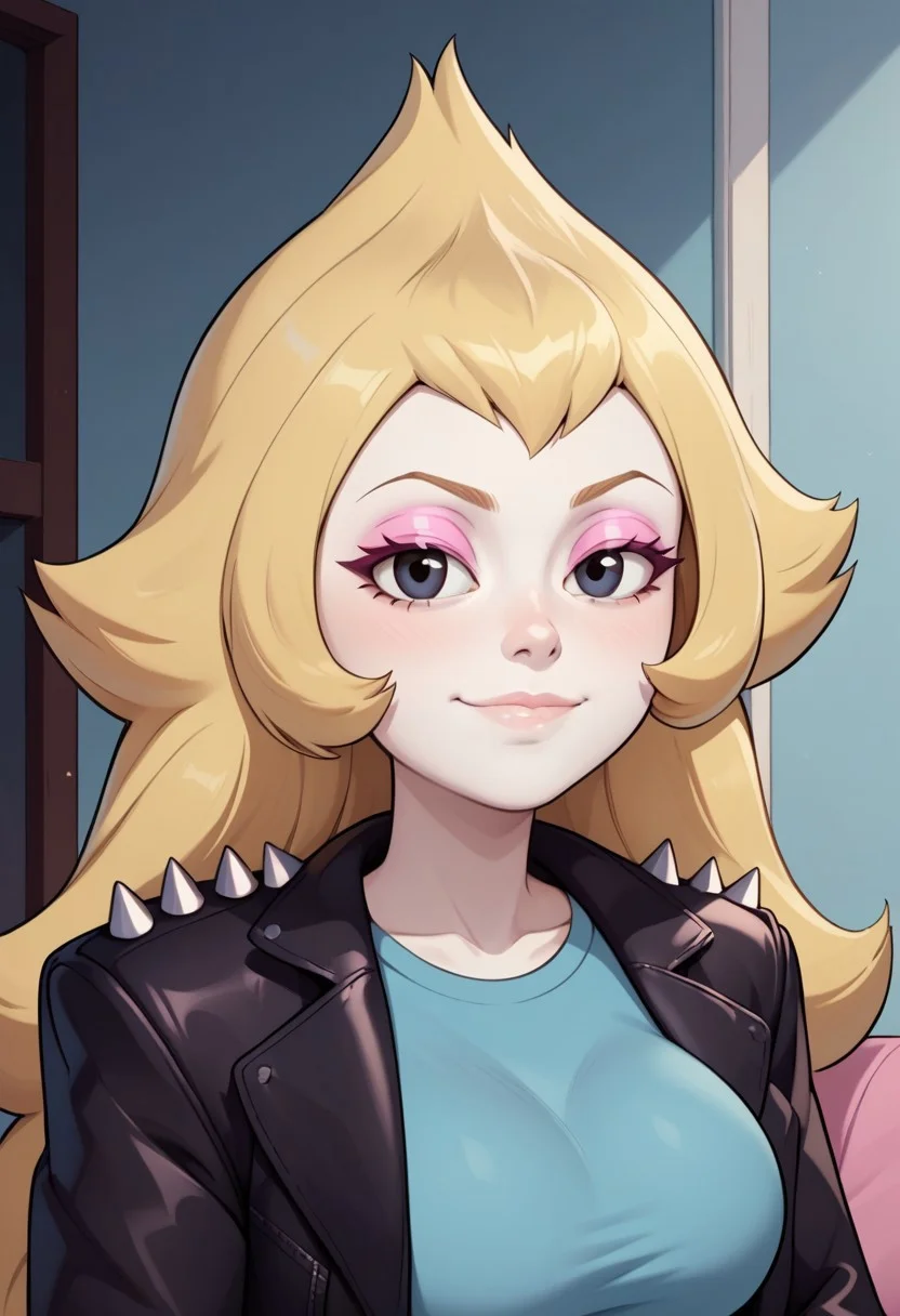 ((bedroom background)),score_9, score_8_up, score_7_up,score_6_up,
1girl, Solo, Vidalia_SU, pale white skin, black eyes, blonde hair, long wavy hair, pink eyeshadow, black leather jacket with spikes on the shoulders, light blue t-shirt, blue-grey skinny jeans, high white boots, big eyes, tall stature, social smile, perfect eyes, perfect smile, looking at the viewer, big breasts, detailed eyes, perfect eyes, cute, standing, (front view,bust shot,close up to face,face portrait:1)