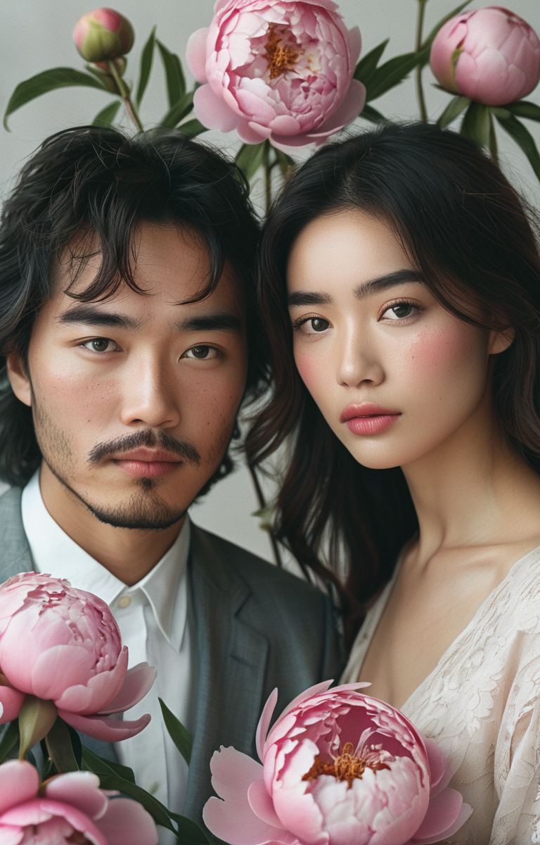 masterpiece,best quality,<lora:tbh69-sdxl:0.6>,illustration ,A style of two person group photo decaying peonies